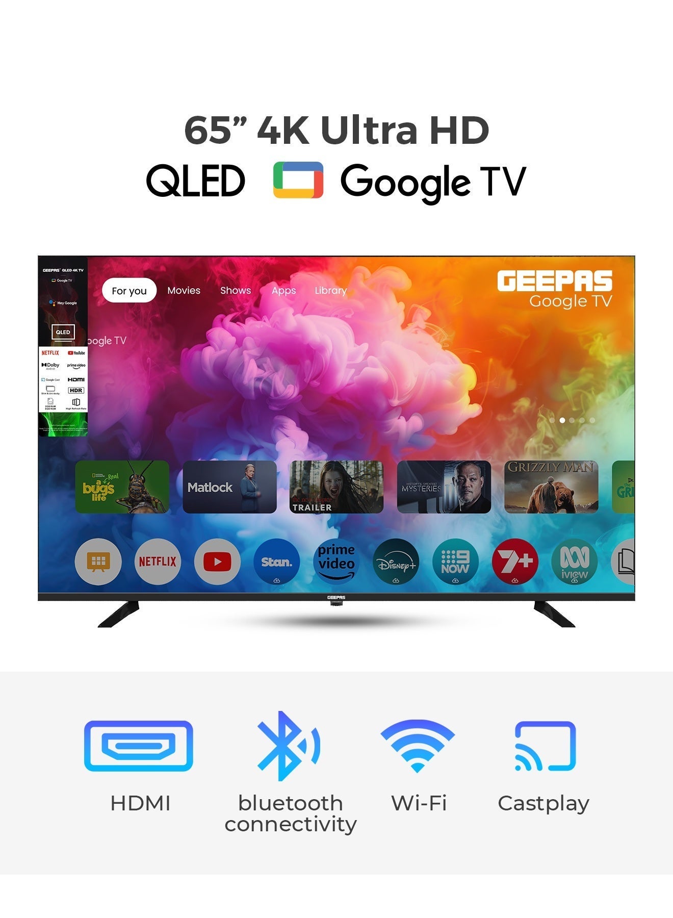 65\" 4K Ultra HD QLED Google TV | Sharp Picture with Sleek Design, with Built-in Apps | Dolby Audio, HDMI & USB Connectivity | Voice Remote with Google Cast | GLED6565GTQLD